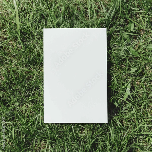 Fototapeta Blank white 5x7 vertical card flatlay on the grass, mockup photography style