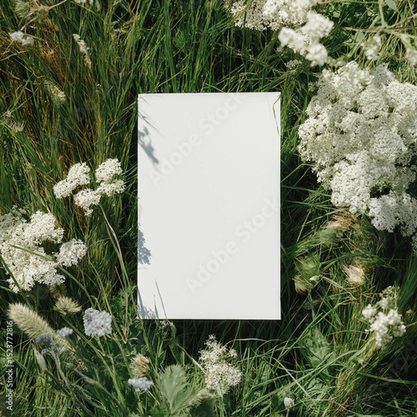 Fototapeta Blank white 5x7 vertical card flatlay on the grass, mockup photography style