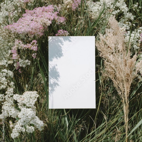Fototapeta Blank white 5x7 vertical card flatlay on the grass, mockup photography style
