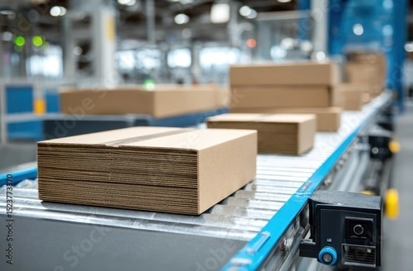 Fototapeta Boxes on conveyor belt in factory setting