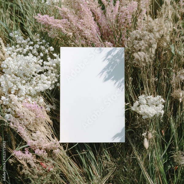 Fototapeta Blank white 5x7 vertical card flatlay on the grass, mockup photography style