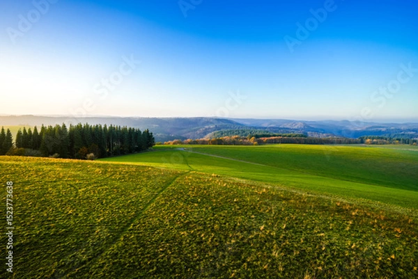 Obraz View of the landscape at the Meerfelder Maar. Nature at the crater lake in the Volcanic Eifel National Park. The surrounding area near Meerfeld at sunset in the evening.
