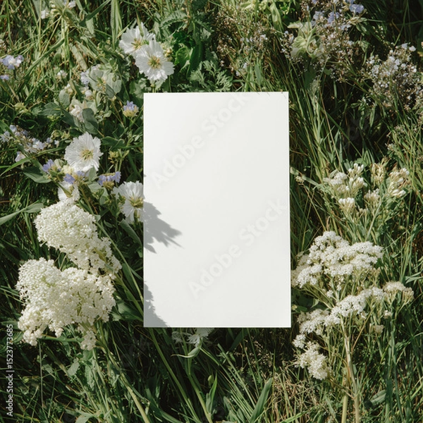 Fototapeta Blank white 5x7 vertical card flatlay on the grass, mockup photography style