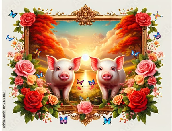 Fototapeta Pictures of 2 cute pigs and the beauty of beautiful trees and beautiful leaves and  rose flowers. pig 02