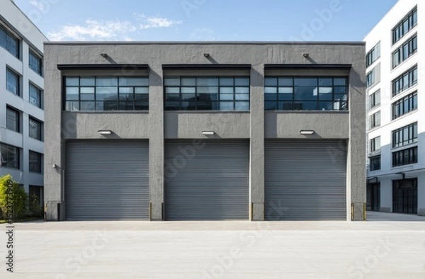 Fototapeta Three garage doors with windows in urban setting
