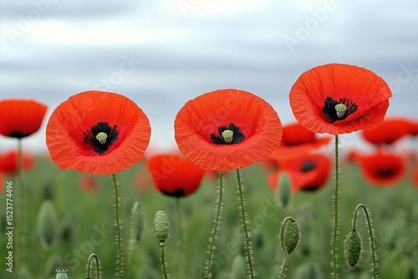 Fototapeta Blooming red poppies in a green field under a cloudy sky, symbolizing remembrance and peace in nature's vibrant display
