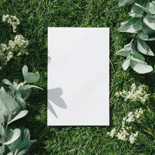 Fototapeta Blank white 5x7 vertical card flatlay on the grass, mockup photography style