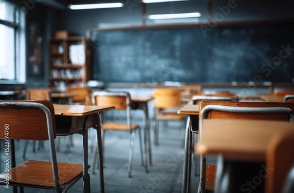 Fototapeta Classroom with desks and blackboard interior