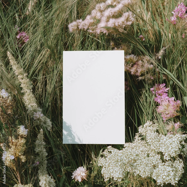 Fototapeta Blank white 5x7 vertical card flatlay on the grass, mockup photography style