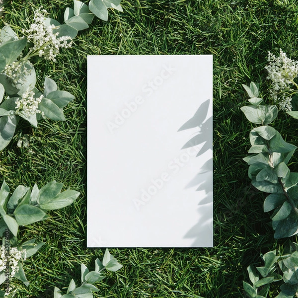 Fototapeta Blank white 5x7 vertical card flatlay on the grass, mockup photography style