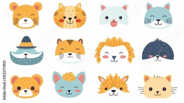 Fototapeta Cute masks with happy faces and mustaches. Simple line drawings. Fun mouth masks for parties. Funny animals. A picture for kids. Can be used for tattoos.
