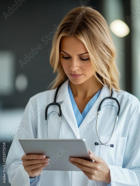 Obraz Caucasian female doctor in lab coat using tablet for medical review