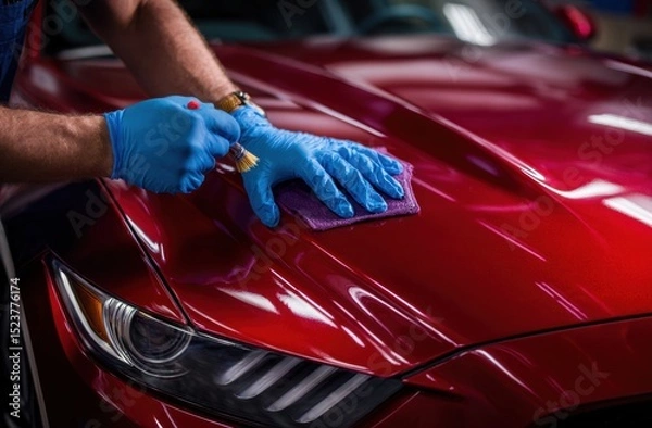 Fototapeta Car detailing process with gloves and cloth