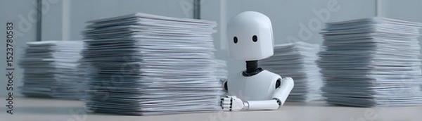 Fototapeta Against a minimalist backdrop, a robot is engaged in managing bankruptcy paperwork, highlighting the integration of advanced technology in future legal processes. The image includes extensive copy