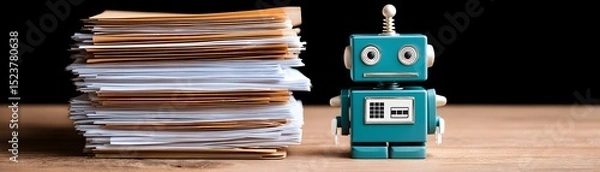 Fototapeta Against a minimalist backdrop, a robot is engaged in managing bankruptcy paperwork, highlighting the integration of advanced technology in future legal processes. The image includes extensive copy
