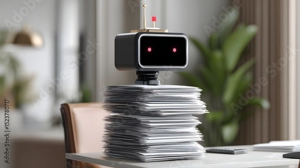Fototapeta A robot efficiently handles stacks of bankruptcy documents in a clean, modern office setting, representing the future of legal work. The design features significant copy space, allowing for versatile