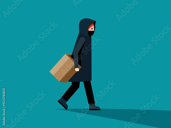 Fototapeta Mysterious Character in Black Cloak Holding Package Walking Right on Simple Background
