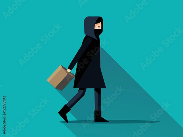 Fototapeta Dark Hooded Individual Transporting Cardboard Box in Clean Flat Design with Shadow