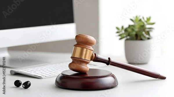 Fototapeta A virtual bankruptcy lawyer appears on a computer screen, offering legal advice through a video call, with a futuristic office setting in the background. The image includes ample copy space, perfect