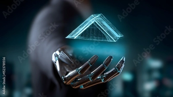 Fototapeta A cybernetic hand, with sleek metallic fingers, holds a foreclosure notice against a futuristic urban backdrop, symbolizing the intersection of advanced technology and financial distress. The image