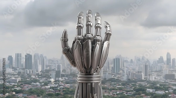 Fototapeta A cybernetic hand, with sleek metallic fingers, holds a foreclosure notice against a futuristic urban backdrop, symbolizing the intersection of advanced technology and financial distress. The image