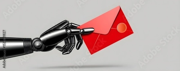 Fototapeta In a stark, futuristic setting, a robotic hand grips a foreclosure notice, highlighting the concept of bankruptcy in a technologically advanced era. The minimalistic design offers significant copy