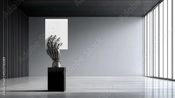 Fototapeta Against a sleek, modern backdrop, a robotic hand holds a foreclosure notice, symbolizing futuristic financial crises and the impact of technology on economic stability. The composition is