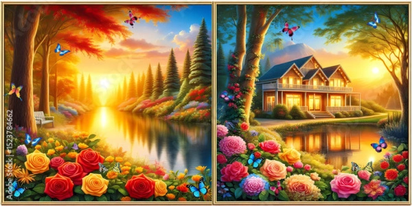 Fototapeta Pictures of beautiful house and the beauty of beautiful trees and beautiful leaves and  rose flowers in a gold frame. sunset 02