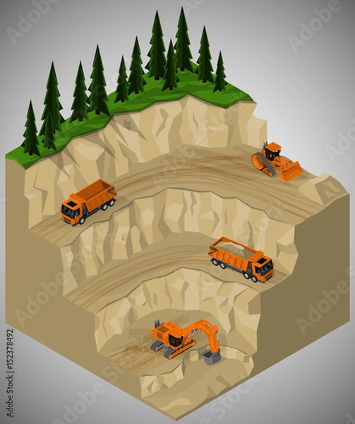 Fototapeta Vector isometric illustration of illustration sand quarry development and involving machinery. Equipment  for high-mining industry.