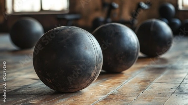 Fototapeta Old, leather workout balls are in the gym for exercise. Add your words or designs! Plenty of space.
