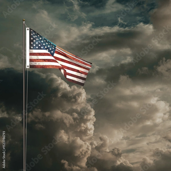 Obraz American flag waving under a cloudy sky