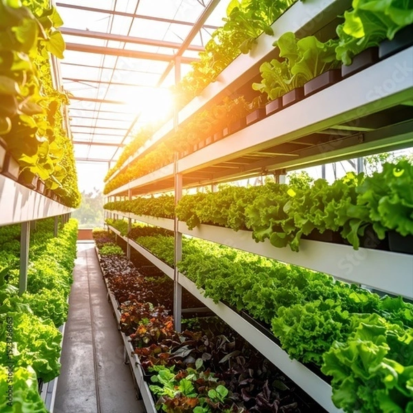 Fototapeta Rows of various fresh green leafy vegetables grow in modern greenhouse farm