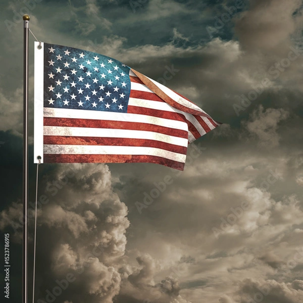 Obraz American flag waving under a cloudy sky