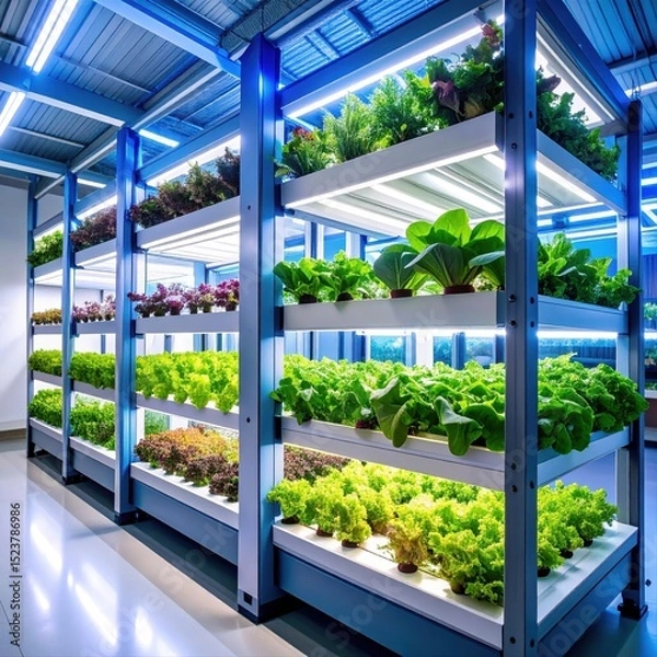 Fototapeta Crops grow vertically in a high tech indoor farm with blue light panels.