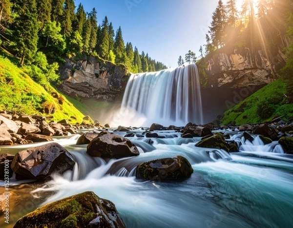 Fototapeta Majestic waterfall cascading over rocks surrounded by lush green forest under bright sunlight