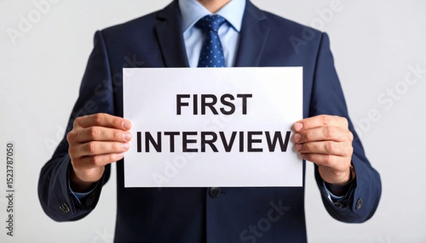Fototapeta Young job seeker in suit holds sign with first interview text showing confidence and readiness for new career opportunity
