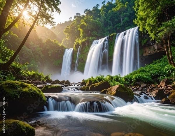 Fototapeta Beautiful Long Waterfall Flowing Through Dense Green Tropical Forest Scene