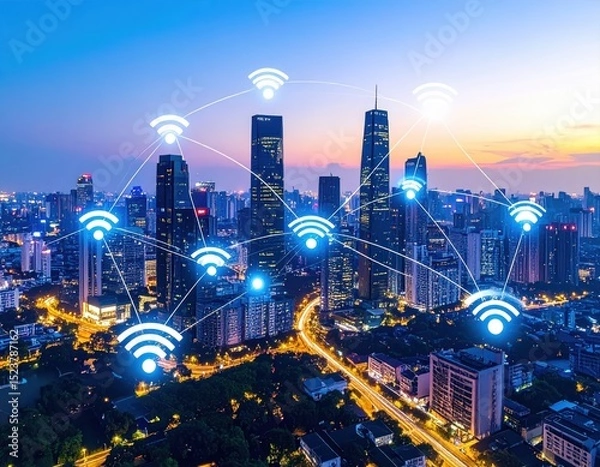 Fototapeta Wireless network connected to modern city skyline at night demonstrates connectivity.