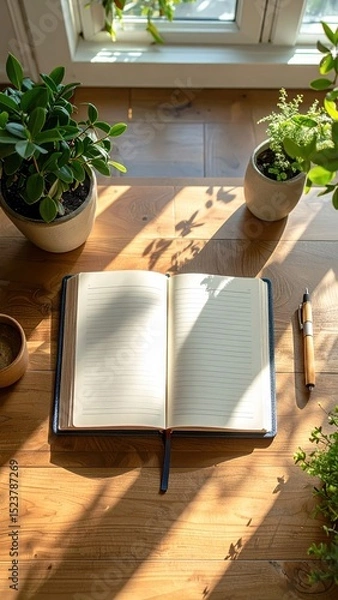 Fototapeta An open journal sits on a wooden desk with plants and sunlight streaming in.