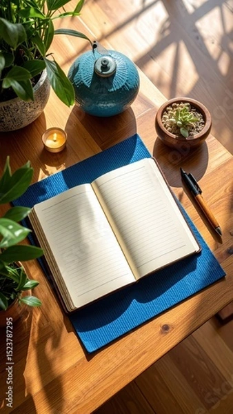 Fototapeta Open journal sits on wooden table with plants and sunlight streaming in.