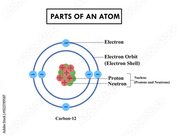 Obraz Atom structure model.Electron, nucleus of protons and neutrons and shells.Carbon 12 atom diagram.Atom molecule structure.Orbital electrons.
.Education for science or chemistry.Vector illustration.