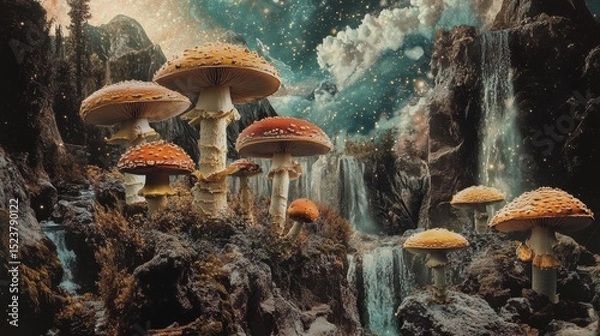 Fototapeta Concept collage art with mushrooms shown in surreal nature-inspired setting. 