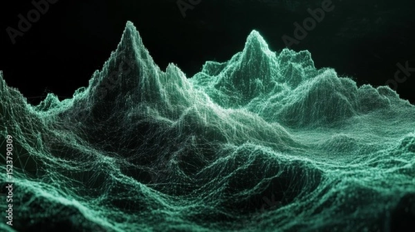 Fototapeta Futuristic digital landscape of glowing wireframe mountains, visualizing data management, mining, and Big Data tech. 
