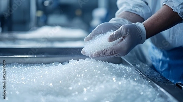 Fototapeta Hands in gloves handling small clear plastic pellets in an industrial setting.