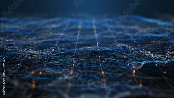 Fototapeta Futuristic Digital Grid Background with Glowing Blue and Red Lights