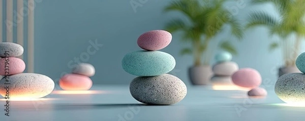 Fototapeta Anxiety disorder through stress healing and support concept. Colorful stacked stones create a tranquil and calming ambiance.