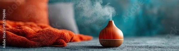 Fototapeta Anxiety disorder through stress healing and support concept. A calming essential oil diffuser with aromatic smoke in a cozy setup.