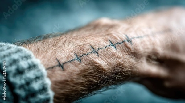 Fototapeta Panic attack by managing stress and fear concept. A close-up of a heartbeat tattoo on a person's forearm.