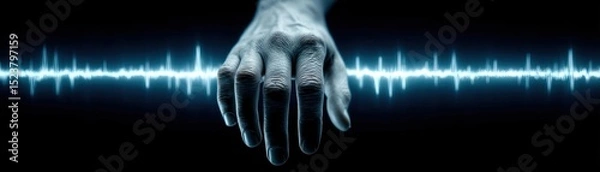 Fototapeta Panic attack by managing stress and fear concept. An expressive hand reaching through sound waves in dark tones.