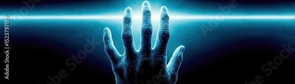 Fototapeta Panic attack by managing stress and fear concept. A glowing hand reaching towards a bright horizon of light.